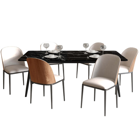 Zayle 7-Piece Dining Set with 55" Rectangular Dining Table in Black/Gold Sintered Stone Top and 6 Leather Dining Chairs