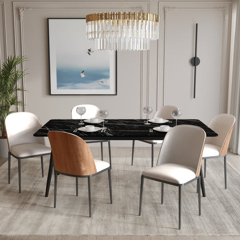 Zayle 7-Piece Dining Set with 55" Rectangular Dining Table in Black/Gold Sintered Stone Top and 6 Leather Dining Chairs