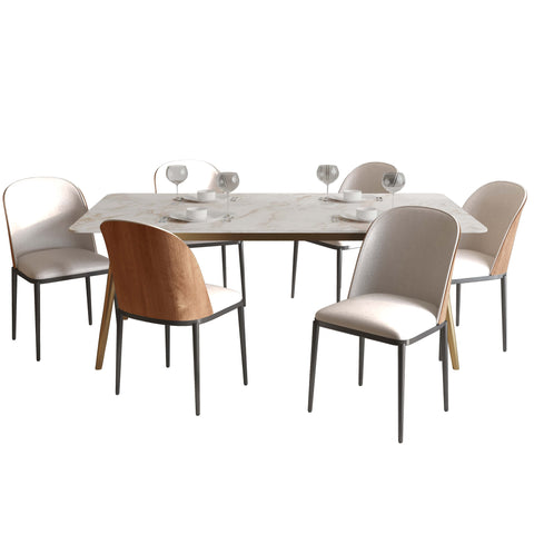 Zayle 7-Piece Dining Set with 55" Rectangular Dining Table in White Grey Sintered Stone Top and 6 Leather Dining Chairs