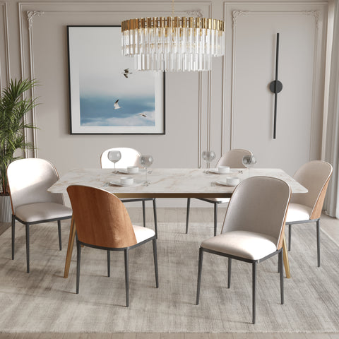 Zayle 7-Piece Dining Set with 55" Rectangular Dining Table in White Grey Sintered Stone Top and 6 Leather Dining Chairs