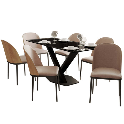 Voren 7-Piece Dining Set with 55" Rectangular Dining Table in Black Glass Top and 6 Leather/Velvet/Suede Fabric Dining Chairs