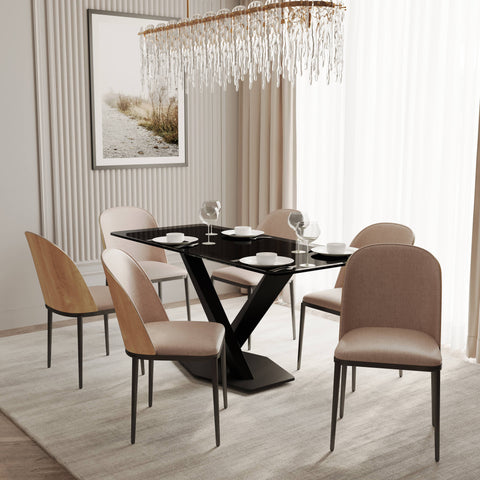 Voren 7-Piece Dining Set with 55" Rectangular Dining Table in Black Glass Top and 6 Leather/Velvet/Suede Fabric Dining Chairs