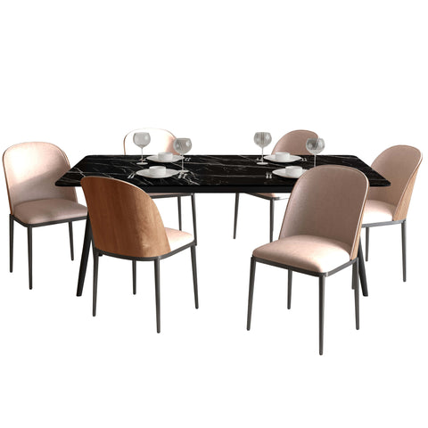 Zayle 7-Piece Dining Set with 55" Rectangular Dining Table in Black/Gold Sintered Stone Top and 6 Leather Dining Chairs