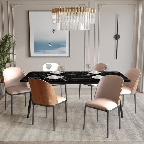 Zayle 7-Piece Dining Set with 55" Rectangular Dining Table in Black/Gold Sintered Stone Top and 6 Leather Dining Chairs