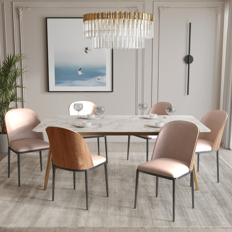 Zayle 7-Piece Dining Set with 55" Rectangular Dining Table in White Grey Sintered Stone Top and 6 Leather Dining Chairs