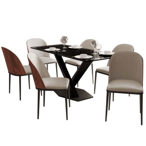 Voren 7-Piece Dining Set with 55" Rectangular Dining Table in Black Glass Top and 6 Leather/Velvet/Suede Fabric Dining Chairs