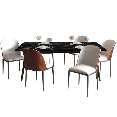 Zayle 7-Piece Dining Set with 55" Rectangular Dining Table in Black/Gold Sintered Stone Top and 6 Leather Dining Chairs