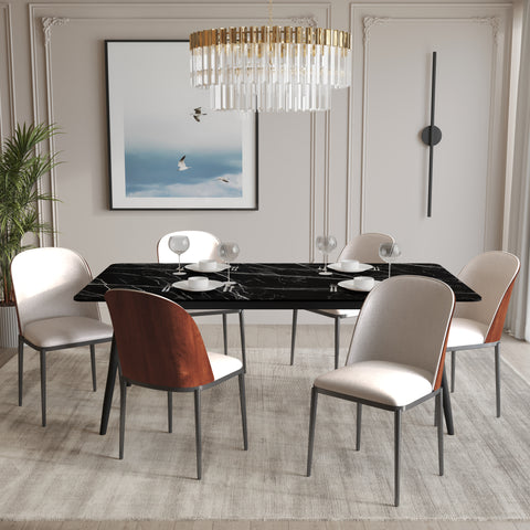 Zayle 7-Piece Dining Set with 55" Rectangular Dining Table in Black/Gold Sintered Stone Top and 6 Leather Dining Chairs