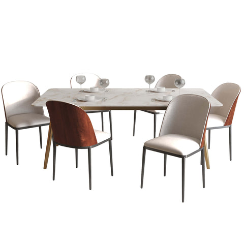 Zayle 7-Piece Dining Set with 55" Rectangular Dining Table in White Grey Sintered Stone Top and 6 Leather Dining Chairs