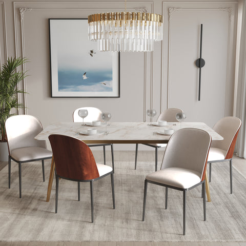 Zayle 7-Piece Dining Set with 55" Rectangular Dining Table in White Grey Sintered Stone Top and 6 Leather Dining Chairs