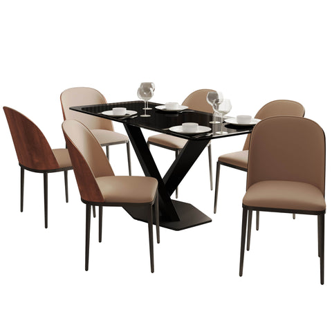 Voren 7-Piece Dining Set with 55" Rectangular Dining Table in Black Glass Top and 6 Leather/Velvet/Suede Fabric Dining Chairs