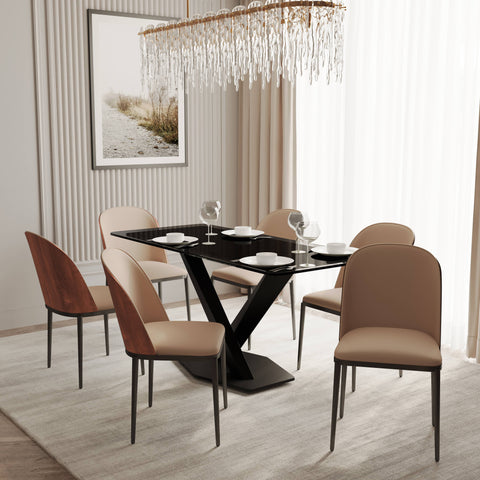 Voren 7-Piece Dining Set with 55" Rectangular Dining Table in Black Glass Top and 6 Leather/Velvet/Suede Fabric Dining Chairs