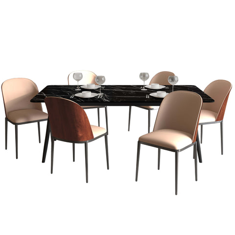 Zayle 7-Piece Dining Set with 55" Rectangular Dining Table in Black/Gold Sintered Stone Top and 6 Leather Dining Chairs