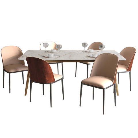 Zayle 7-Piece Dining Set with 55" Rectangular Dining Table in White Grey Sintered Stone Top and 6 Leather Dining Chairs