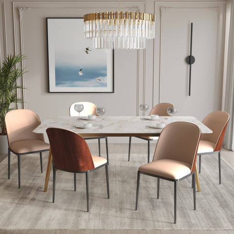 Zayle 7-Piece Dining Set with 55" Rectangular Dining Table in White Grey Sintered Stone Top and 6 Leather Dining Chairs