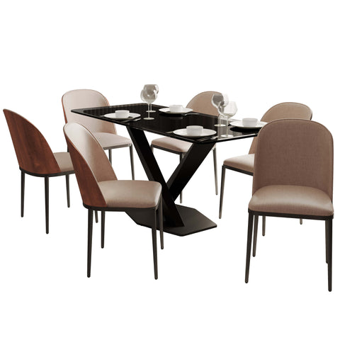 Voren 7-Piece Dining Set with 55" Rectangular Dining Table in Black Glass Top and 6 Leather/Velvet/Suede Fabric Dining Chairs