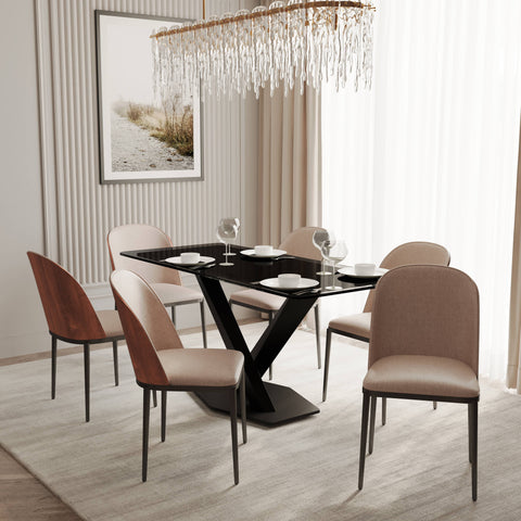 Voren 7-Piece Dining Set with 55" Rectangular Dining Table in Black Glass Top and 6 Leather/Velvet/Suede Fabric Dining Chairs