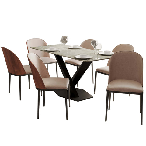 Voren 7-Piece Dining Set with 55" Rectangular Dining Table in Deep Grey Sintered Stone and 6 Leather/Velvet/Suede Fabric Dining Chairs