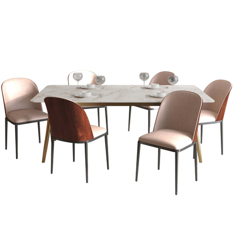 Zayle 7-Piece Dining Set with 55" Rectangular Dining Table in White Grey Sintered Stone Top and 6 Leather Dining Chairs