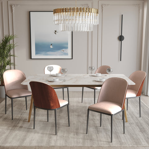 Zayle 7-Piece Dining Set with 55" Rectangular Dining Table in White Grey Sintered Stone Top and 6 Leather Dining Chairs