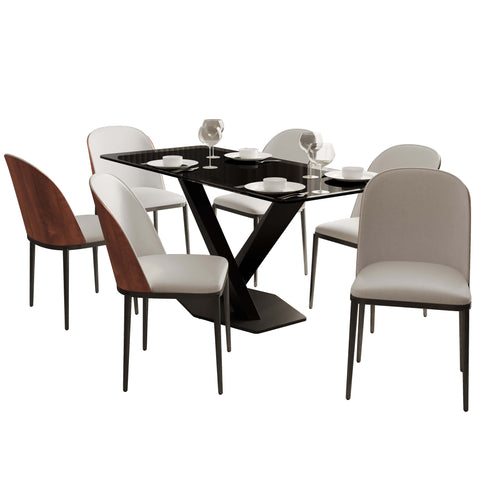 Voren 7-Piece Dining Set with 55" Rectangular Dining Table in Black Glass Top and 6 Leather/Velvet/Suede Fabric Dining Chairs