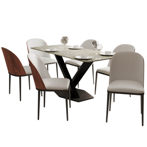 Voren 7-Piece Dining Set with 55" Rectangular Dining Table in Deep Grey Sintered Stone and 6 Leather/Velvet/Suede Fabric Dining Chairs