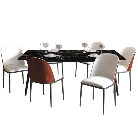 Zayle 7-Piece Dining Set with 55" Rectangular Dining Table in Black/Gold Sintered Stone Top and 6 Leather Dining Chairs