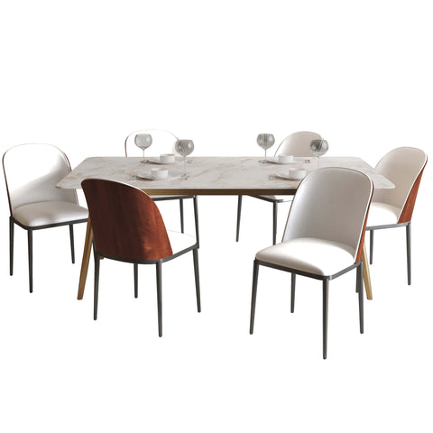 Zayle 7-Piece Dining Set with 55" Rectangular Dining Table in White Grey Sintered Stone Top and 6 Leather Dining Chairs