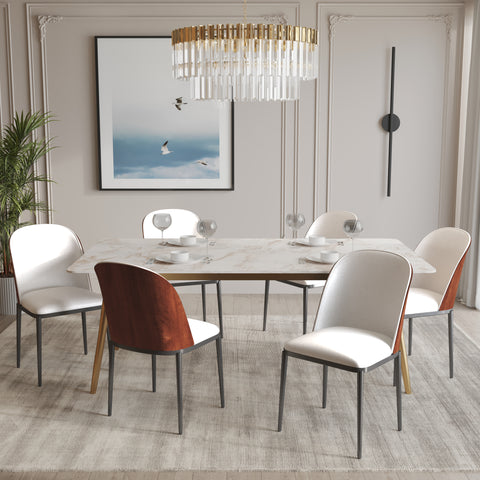 Zayle 7-Piece Dining Set with 55" Rectangular Dining Table in White Grey Sintered Stone Top and 6 Leather Dining Chairs