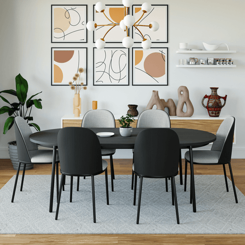 Tule 7-Piece Dining Set in Steel with 6 Upholstered Seat Dining Chairs and 71" Oval Dining Table with MDF Tabletop