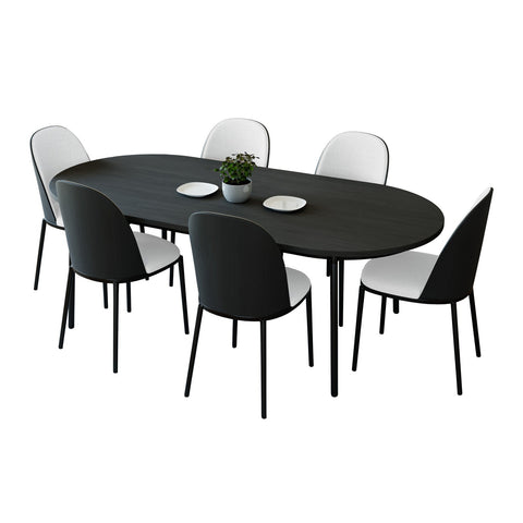 Tule 7-Piece Dining Set in Steel with 6 Upholstered Seat Dining Chairs and 71" Oval Dining Table with MDF Tabletop