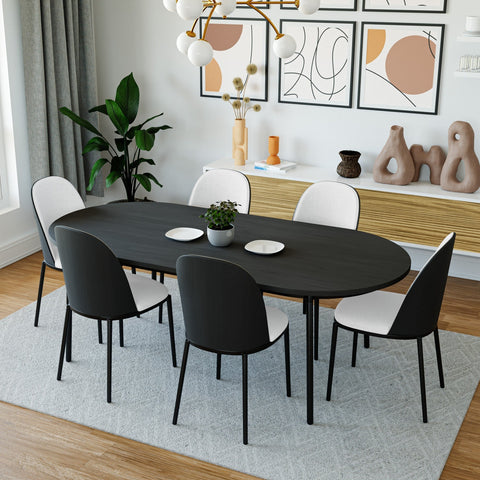 Tule 7-Piece Dining Set in Steel with 6 Upholstered Seat Dining Chairs and 71" Oval Dining Table with MDF Tabletop