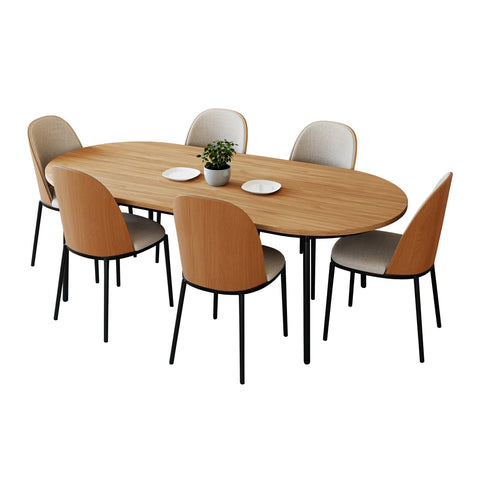 Tule 7-Piece Dining Set in Steel with 6 Upholstered Seat Dining Chairs and 71" Oval Dining Table with MDF Tabletop