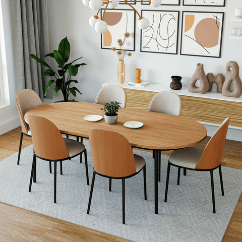 Tule 7-Piece Dining Set in Steel with 6 Upholstered Seat Dining Chairs and 71" Oval Dining Table with MDF Tabletop