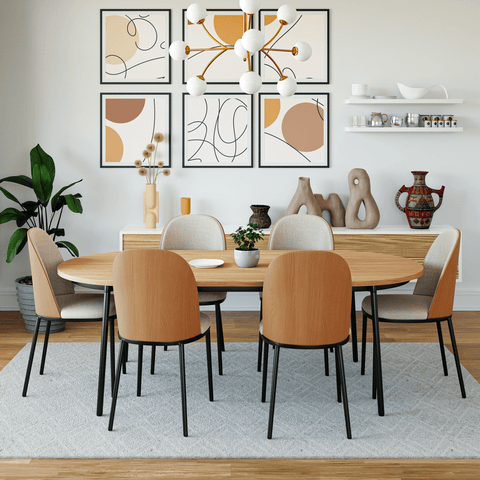 Tule 7-Piece Dining Set in Steel with 6 Upholstered Seat Dining Chairs and 71" Oval Dining Table with MDF Tabletop