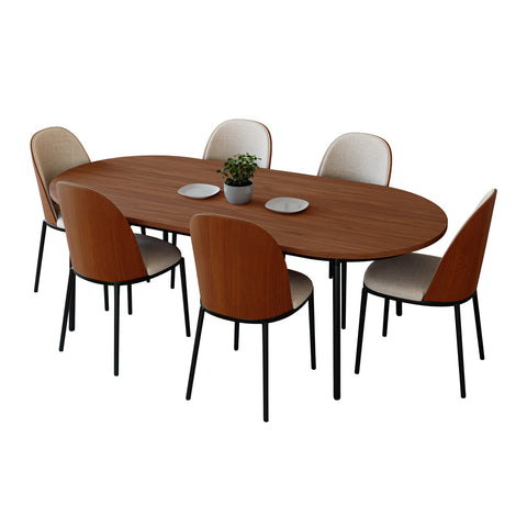 Tule 7-Piece Dining Set in Steel with 6 Upholstered Seat Dining Chairs and 71" Oval Dining Table with MDF Tabletop