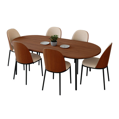 Tule 7-Piece Dining Set in Steel with 6 Upholstered Seat Dining Chairs and 71" Oval Dining Table with MDF Tabletop