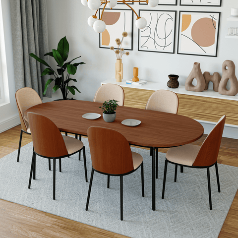 Tule 7-Piece Dining Set in Steel with 6 Upholstered Seat Dining Chairs and 71" Oval Dining Table with MDF Tabletop