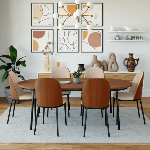 Tule 7-Piece Dining Set in Steel with 6 Upholstered Seat Dining Chairs and 71" Oval Dining Table with MDF Tabletop