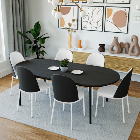 Tule 7-Piece Dining Set with 6 Upholstered Seat Dining Chairs in White Steel Frame and 71" Oval Dining Table with MDF Tabletop