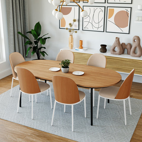 Tule 7-Piece Dining Set with 6 Upholstered Seat Dining Chairs in White Steel Frame and 71" Oval Dining Table with MDF Tabletop