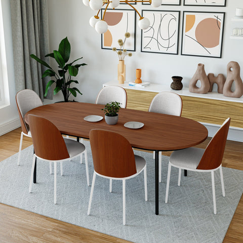 Tule 7-Piece Dining Set with 6 Upholstered Seat Dining Chairs in White Steel Frame and 71" Oval Dining Table with MDF Tabletop