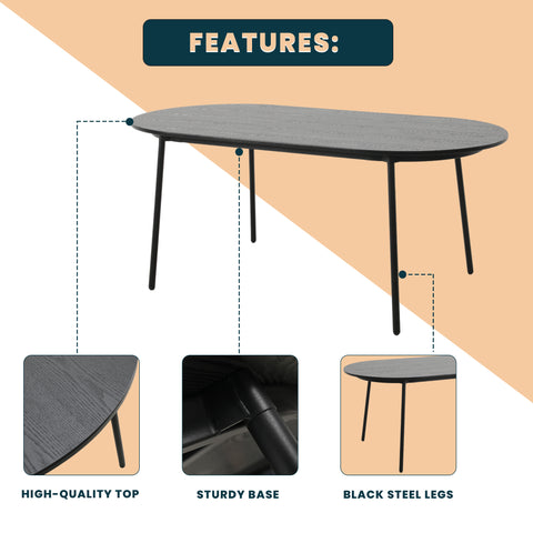 Tule 71" Oval Dining Table with MDF Tabletop and Black Steel Legs