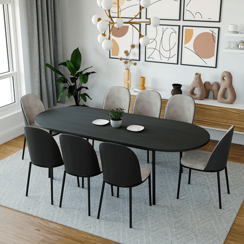 Tule 9-Piece Dining Set in Steel with 8 Upholstered Seat Dining Chairs and 83" Oval Dining Table with MDF Tabletop