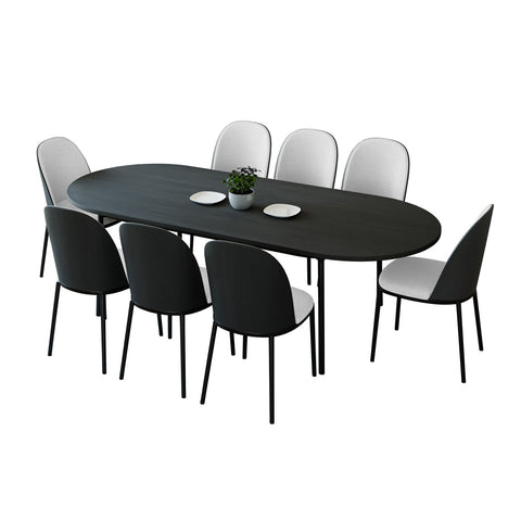 Tule 9-Piece Dining Set in Steel with 8 Upholstered Seat Dining Chairs and 83" Oval Dining Table with MDF Tabletop