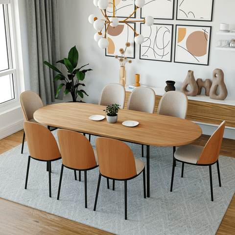 Tule 9-Piece Dining Set in Steel with 8 Upholstered Seat Dining Chairs and 83" Oval Dining Table with MDF Tabletop