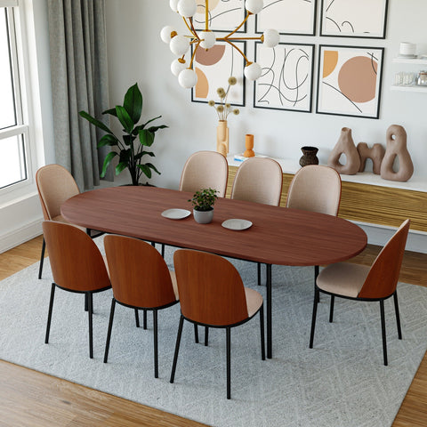 Tule 9-Piece Dining Set in Steel with 8 Upholstered Seat Dining Chairs and 83" Oval Dining Table with MDF Tabletop