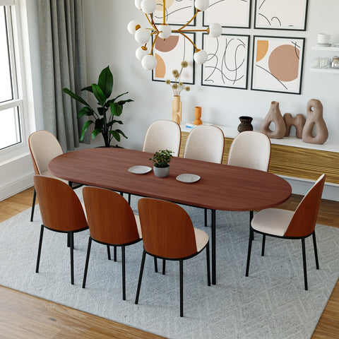 Tule 9-Piece Dining Set in Steel with 8 Upholstered Seat Dining Chairs and 83" Oval Dining Table with MDF Tabletop