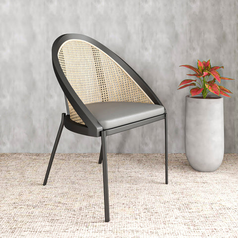 Urbane Dining Chair with Vinyl Fabric Seat and Wicker/Vinyl Backrest in Black Stainless Steel