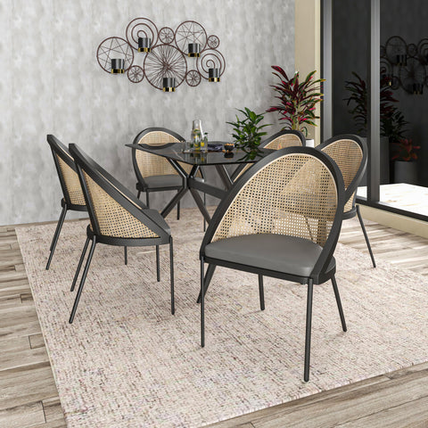 Urbane Dining Chair with Vinyl Fabric Seat and Wicker/Vinyl Backrest in Black Stainless Steel